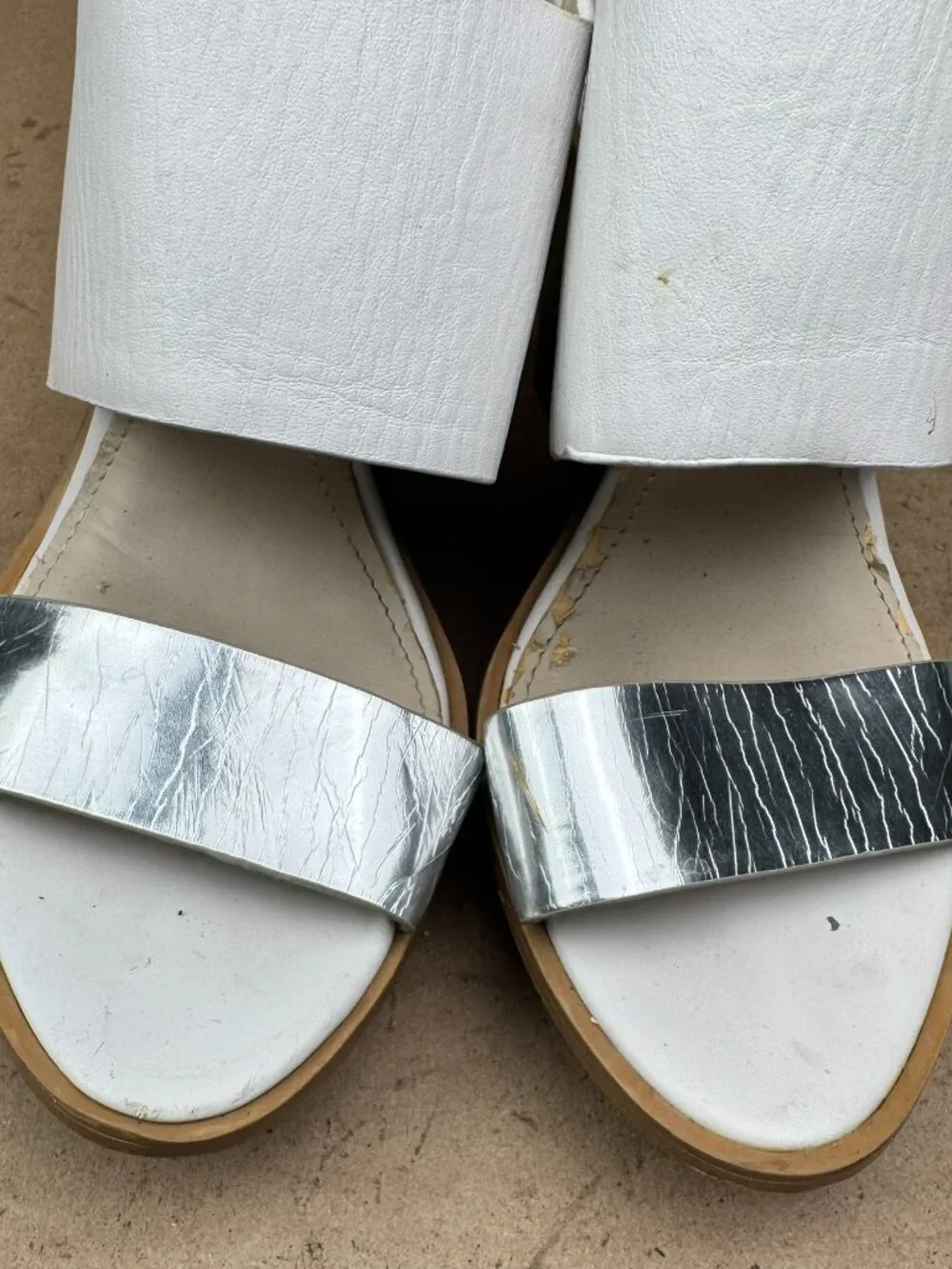 Calvin Klein Women's Size 7M White Silver Perdita Slingback Wedge Sandals damage
